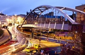 Sheffield Tram Bridge and lines by night